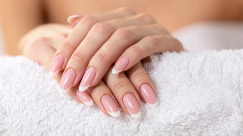 Woman's hands with french manicure resting on a white fluffy towel