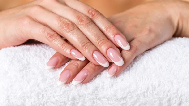 Woman's hands with french manicure resting on white towel