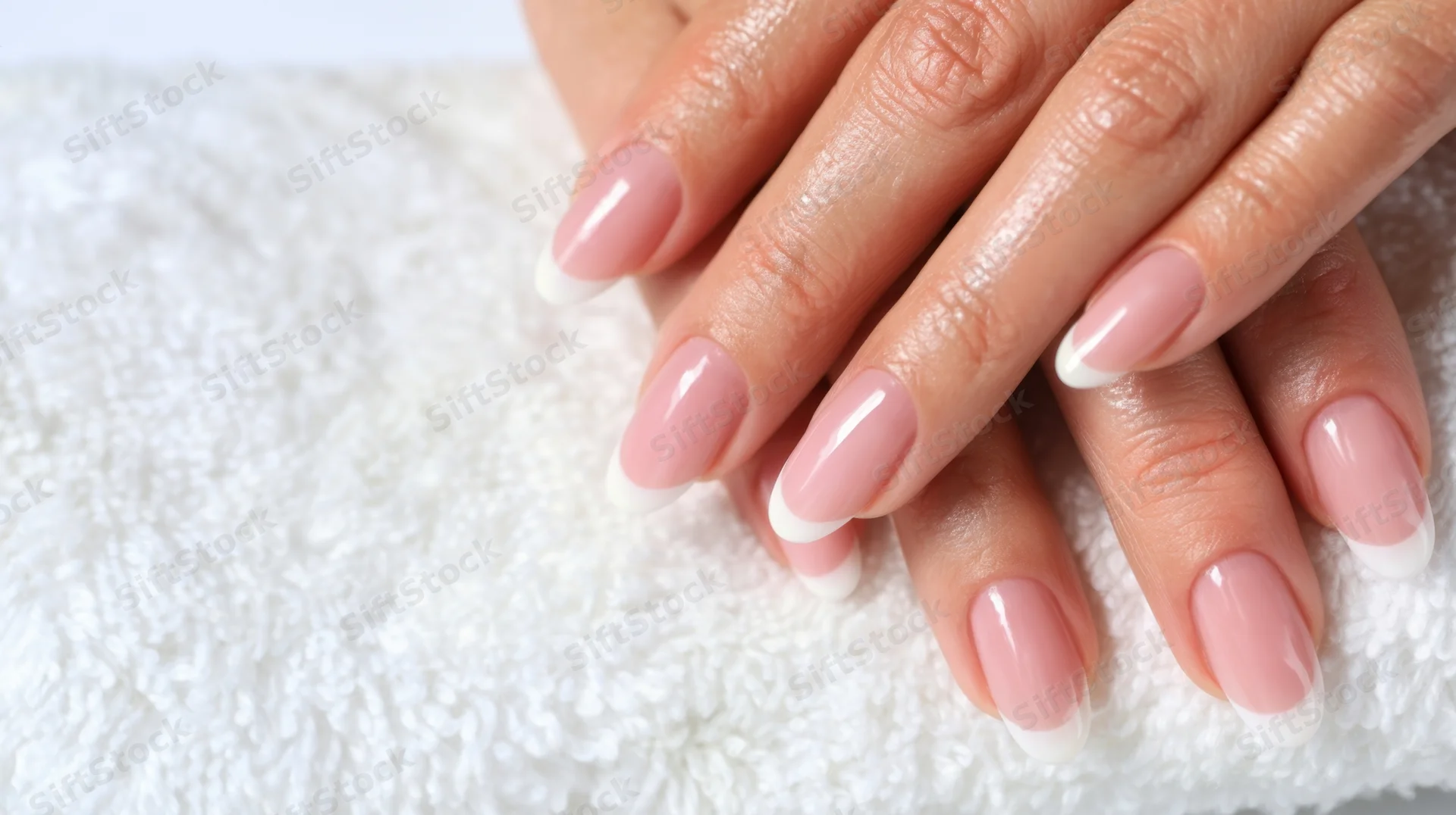 Woman's hands with pink and white french manicure resting on a white towel
