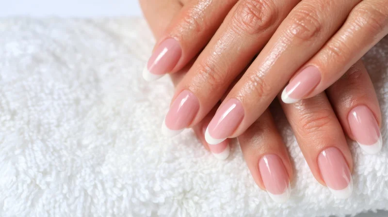 Woman's hands with pink and white french manicure resting on a white towel