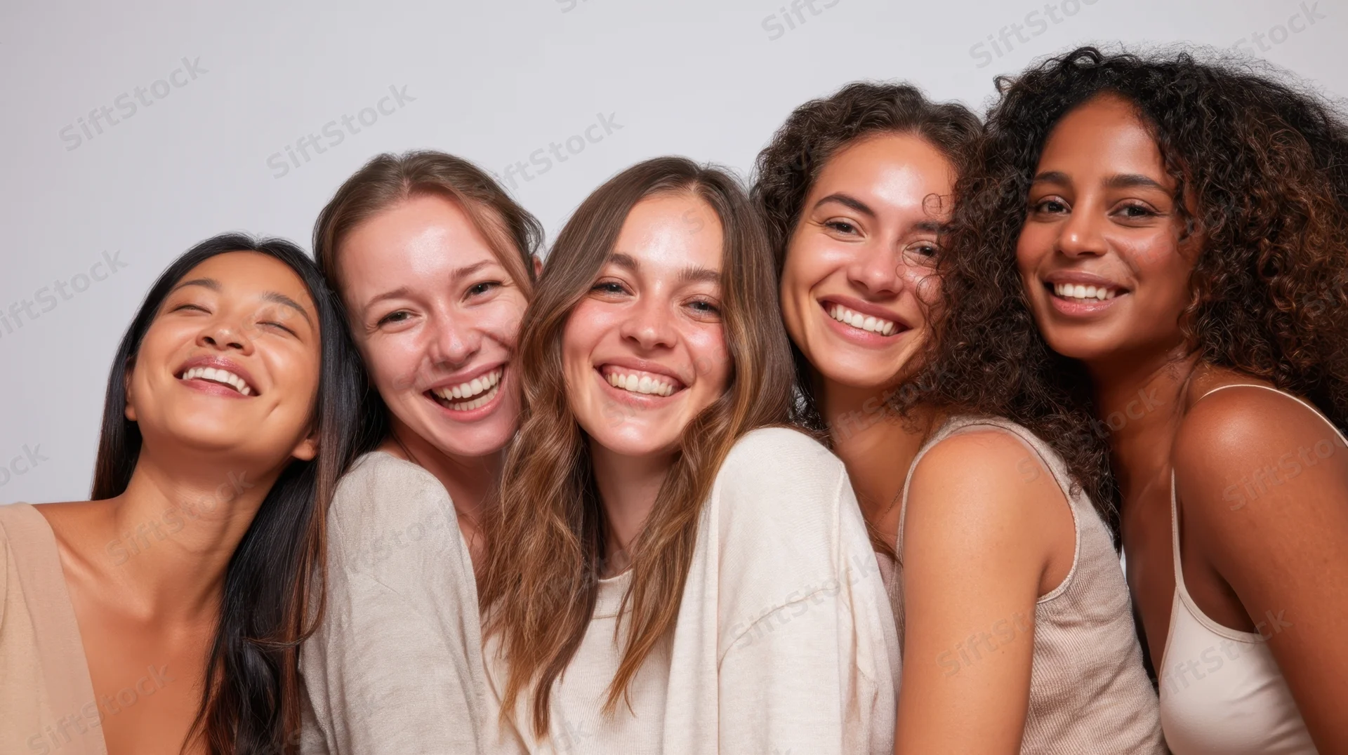 Five diverse women smiling closely together in a studio portrait