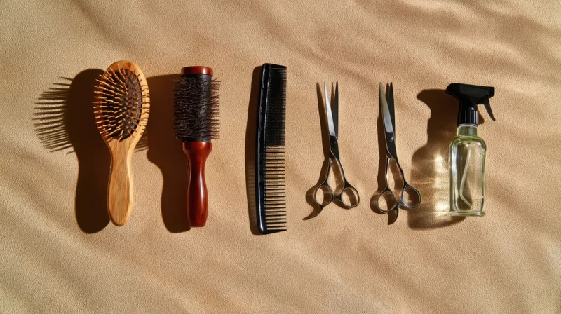 Hairdressing tools arranged in a row on a beige fabric surface