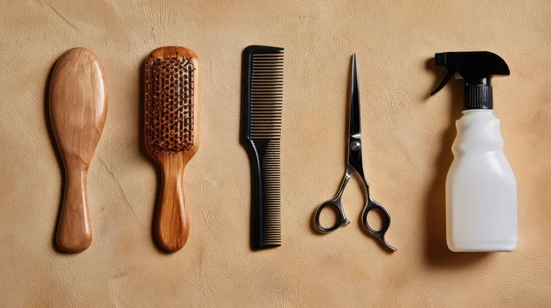Hairdressing tools arranged in a row on a textured beige surface