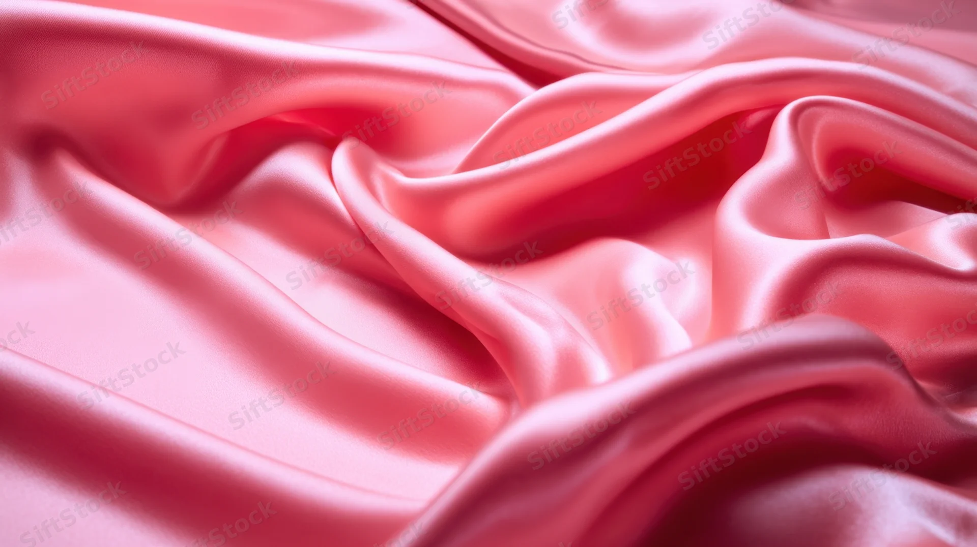 Closeup of smooth flowing pink silk fabric with soft folds and lustrous sheen