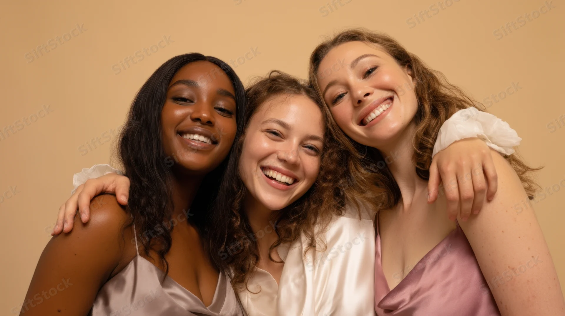 Three women smiling and embracing closely in a studio portrait