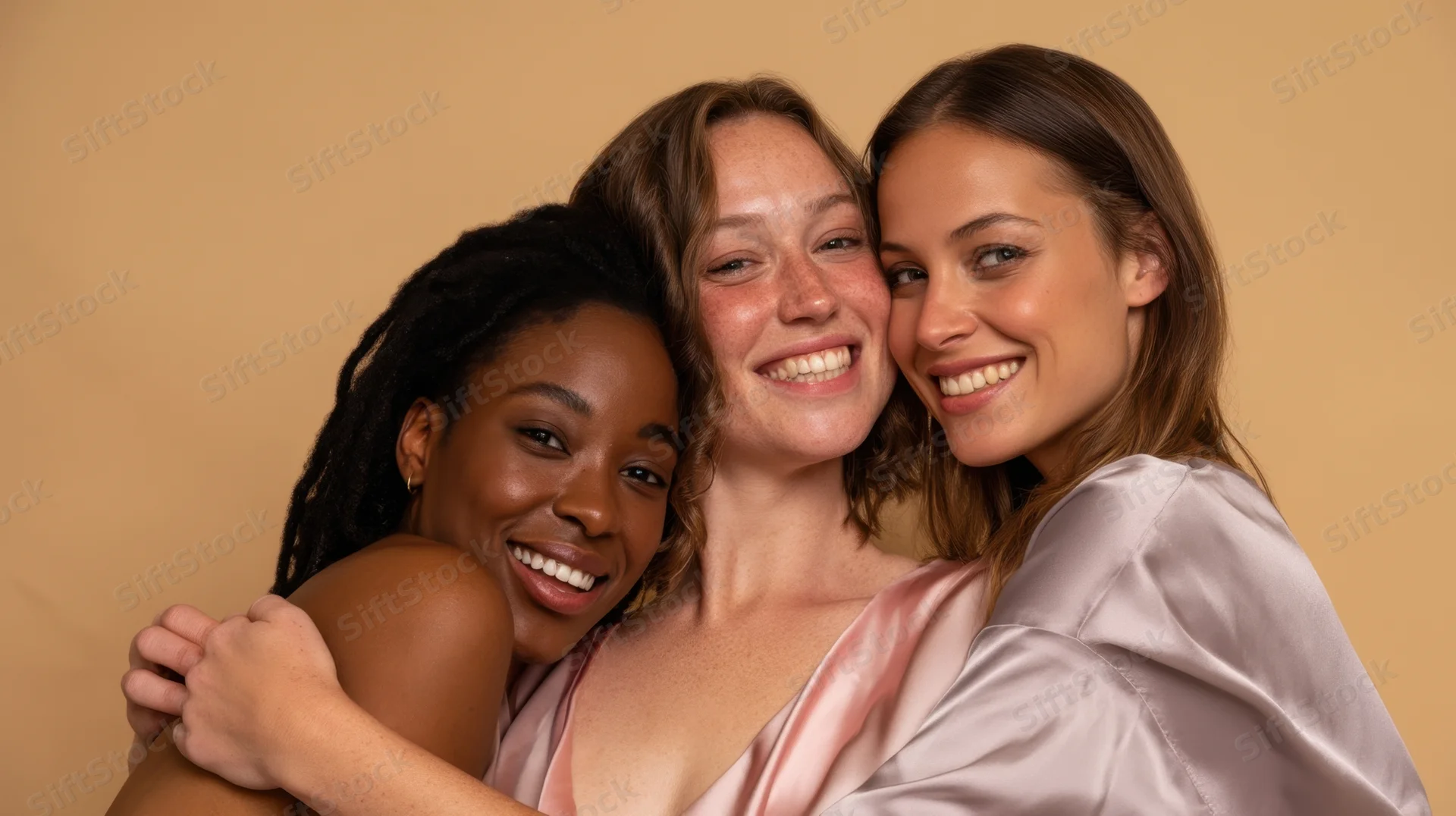 Three women smiling and embracing in a close group portrait against a beige studio background