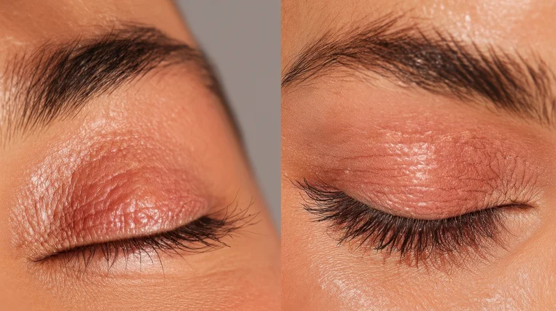 Closeup of a woman's eye showing before and after makeup application with enhanced skin texture and eyelashes