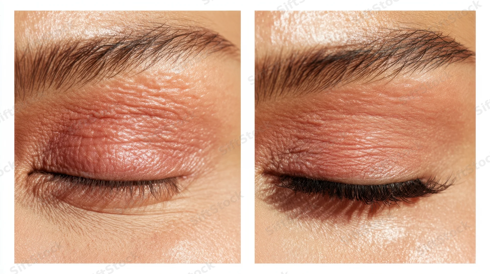 Close-up of a woman's eye showing skin texture before and after skincare treatment