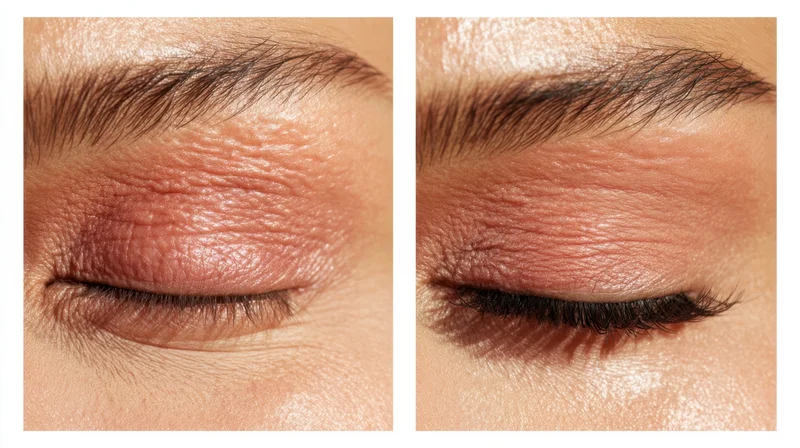 Close-up of a woman's eye showing skin texture before and after skincare treatment