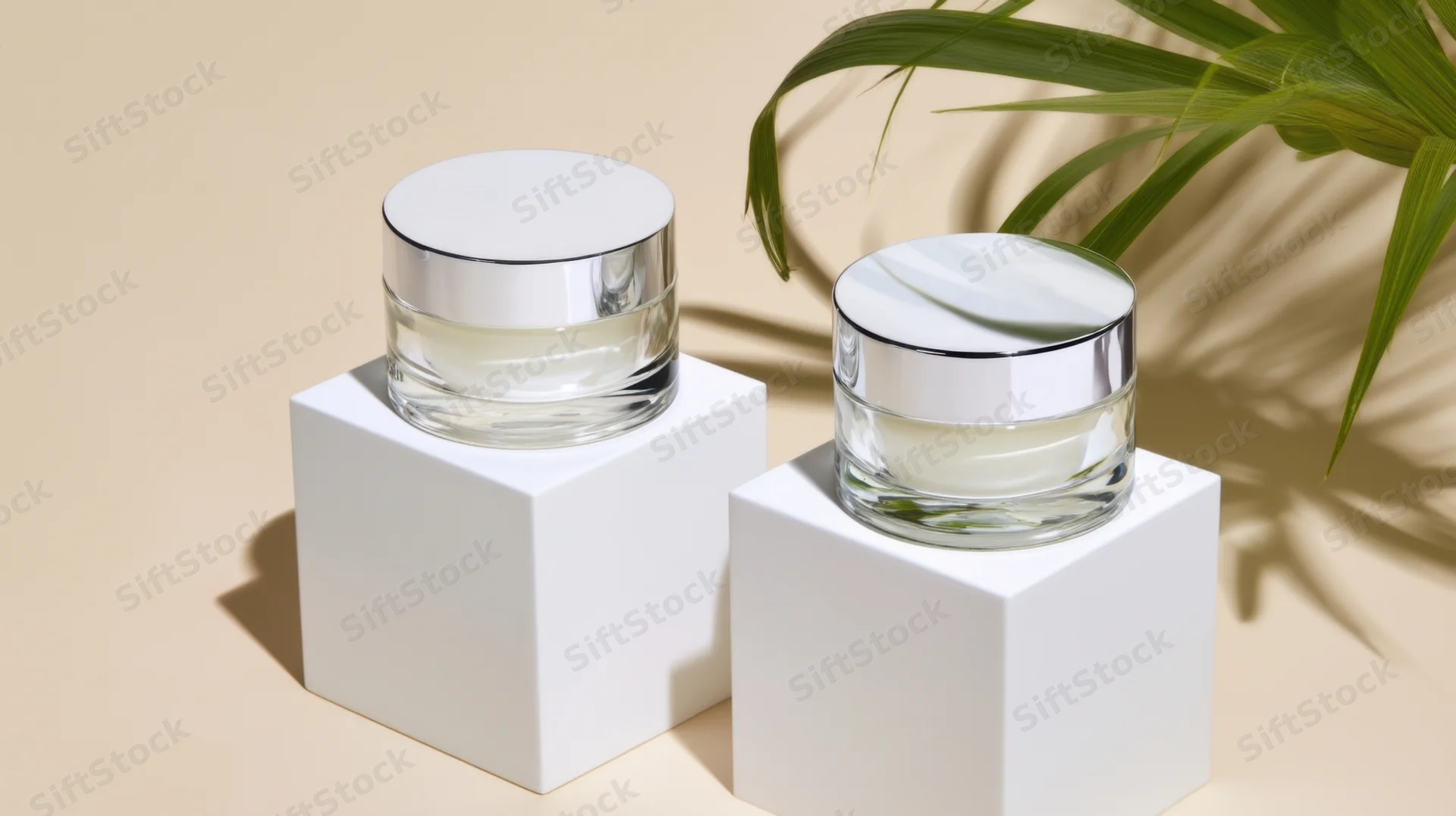 Two glass jars of cream on white cubes with a green plant leaf in the background