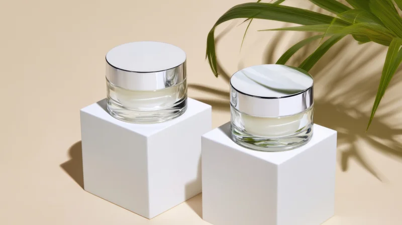 Two glass jars of cream on white cubes with a green plant leaf in the background