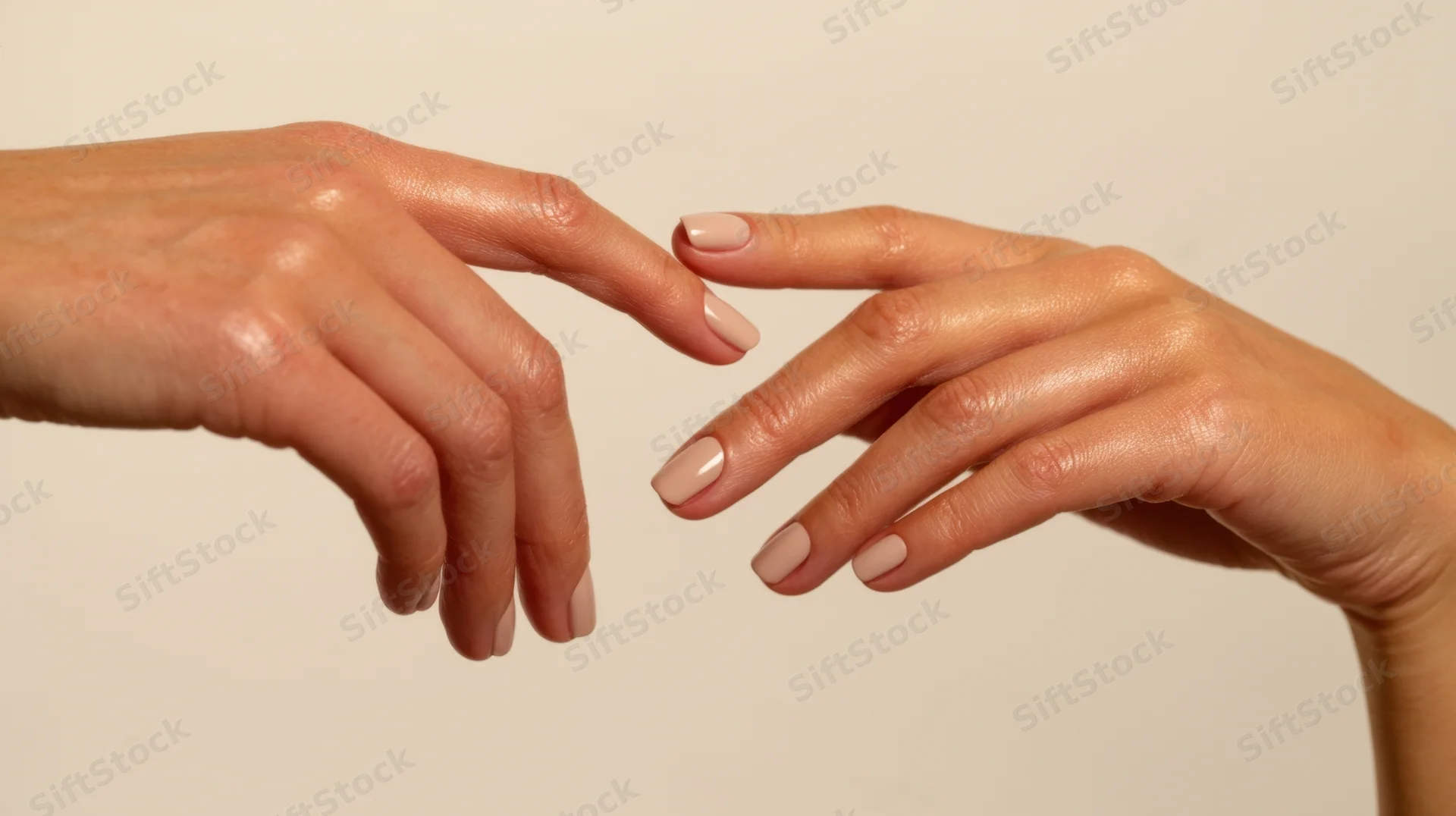 Two women's hands with manicured nails nearly touching against a neutral background