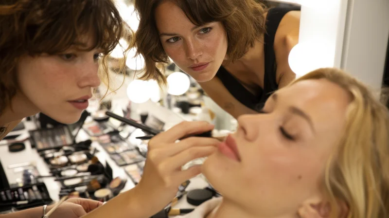 Makeup artist applying lipstick to a model in front of a vanity mirror