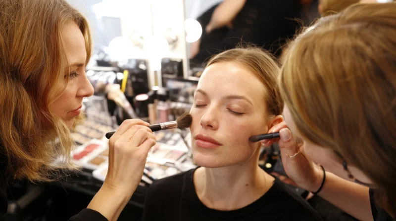 Makeup artist applying cosmetics to a model backstage at a fashion event