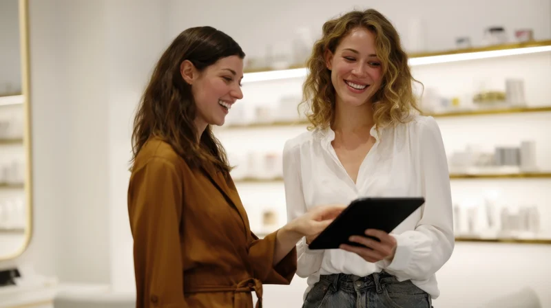 Two women smiling and interacting over a tablet in a modern retail store interior