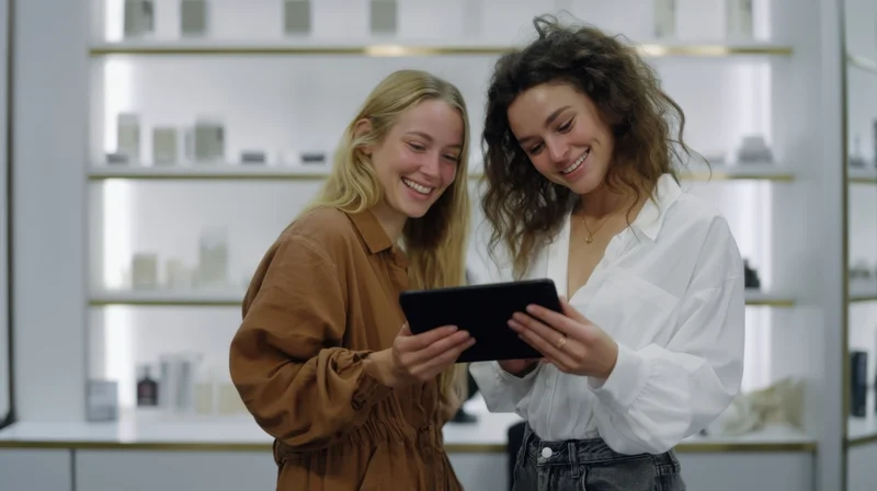 Two women smiling while using a tablet together in a modern beauty store