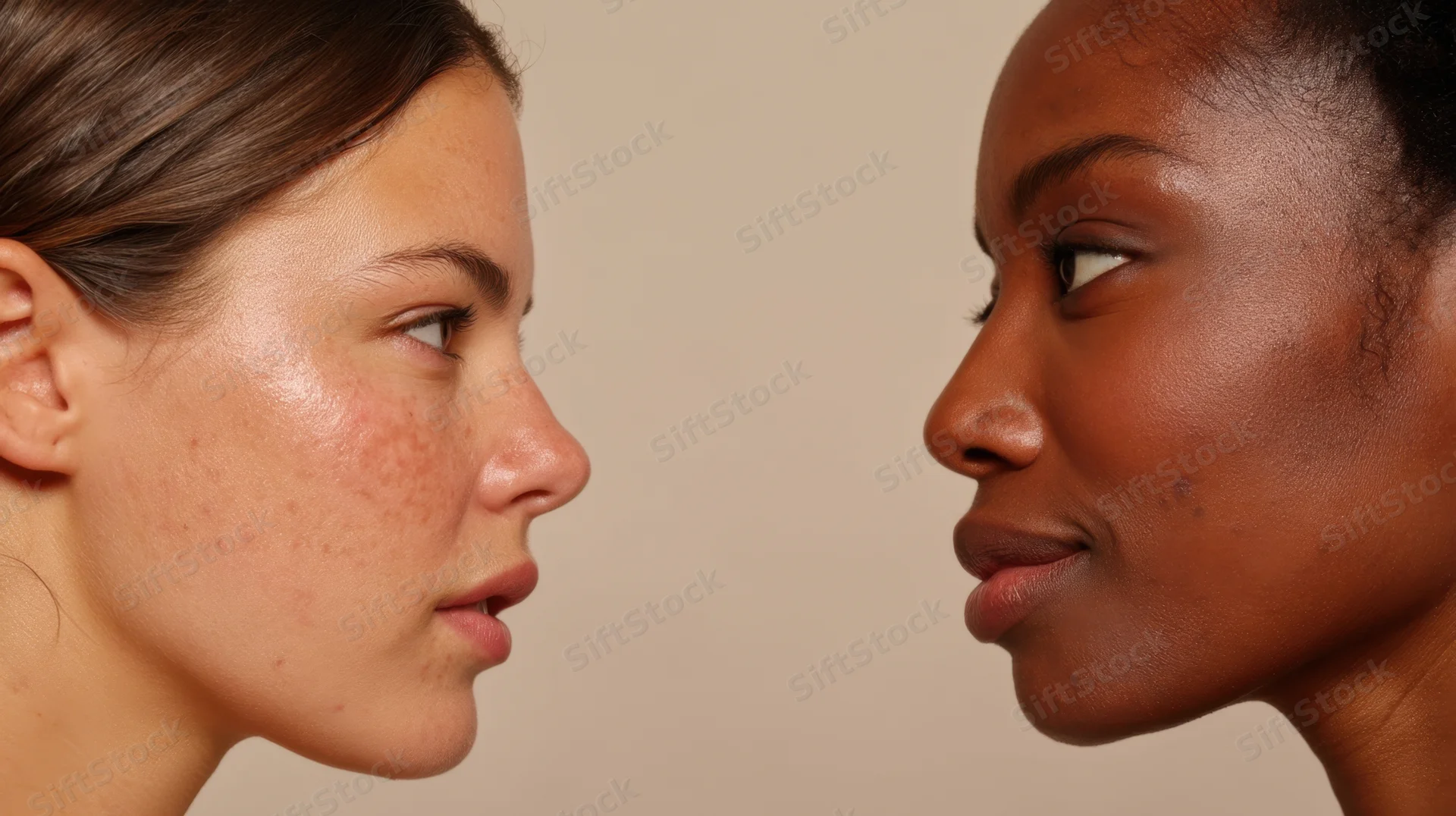 Two women in profile facing each other, close-up view of their faces and skin tones
