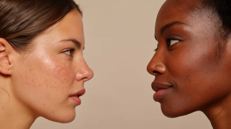 Two women in profile facing each other, close-up view of their faces and skin tones