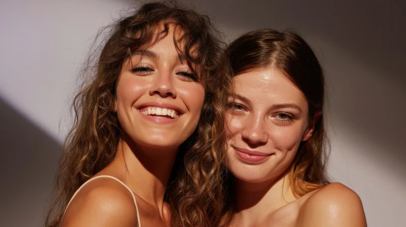 Two young women smiling closely together in a studio portrait with soft warm lighting