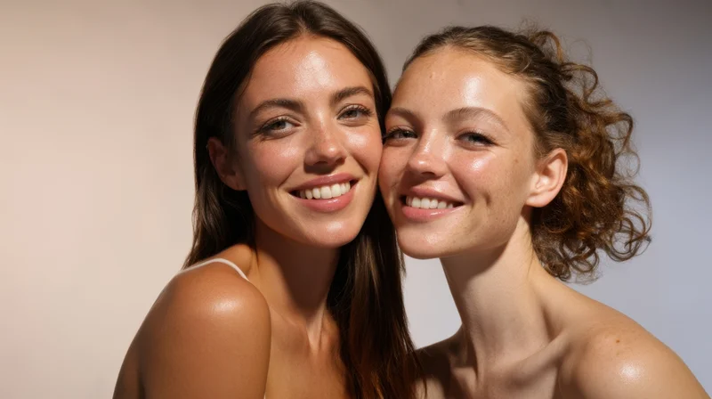 Two young women smiling closely together in a studio portrait with soft lighting and bare shoulders
