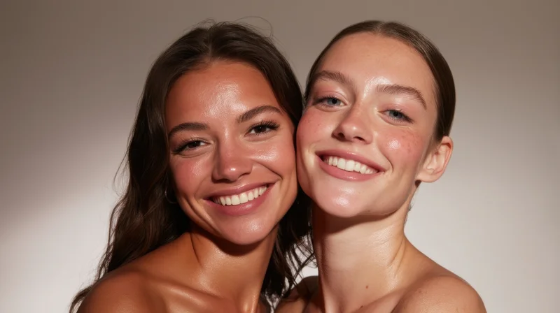 Two women smiling closely together in a studio portrait showing natural glowing skin