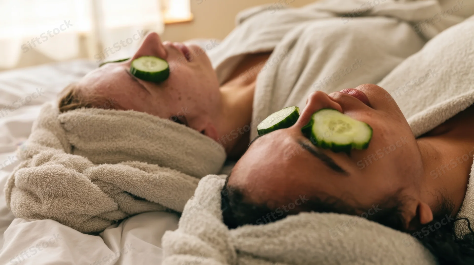 Two young people lying in bed with cucumbers on their eyes wrapped in towels