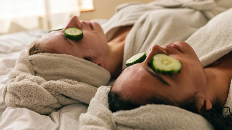 Two young people lying in bed with cucumbers on their eyes wrapped in towels