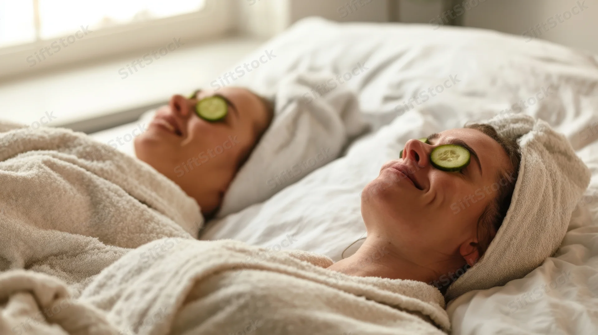 Two women lying in bed with cucumber slices over their eyes, wrapped in robes and towels, relaxing at home