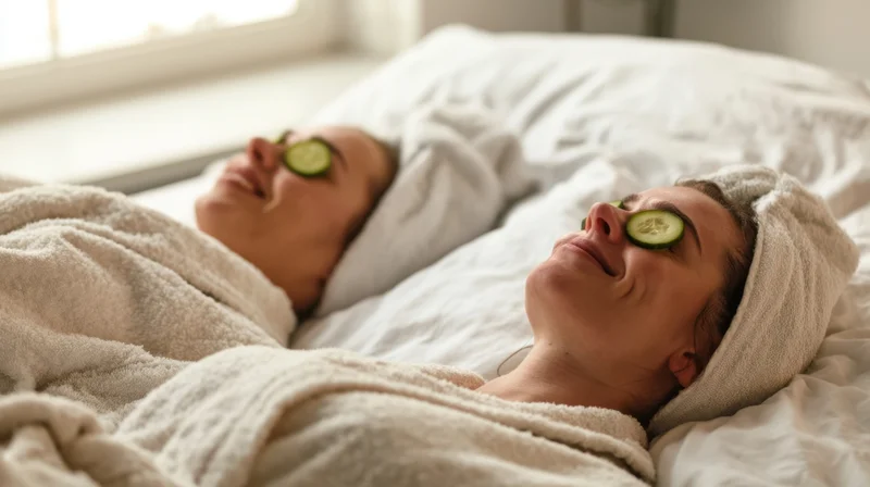 Two women lying in bed with cucumber slices over their eyes, wrapped in robes and towels, relaxing at home