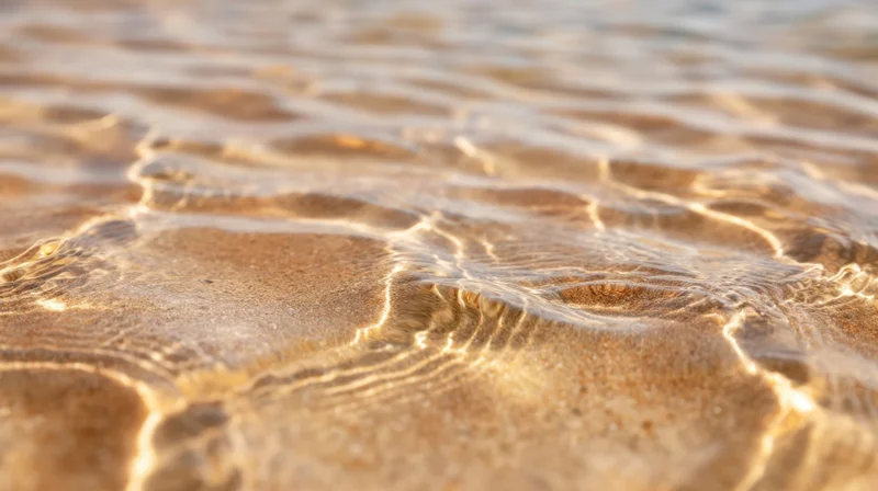 Shallow water rippling over sandy beach under golden sunlight