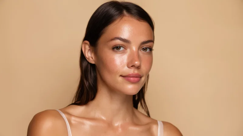 Woman with clear glowing skin in studio portrait wearing white tank top