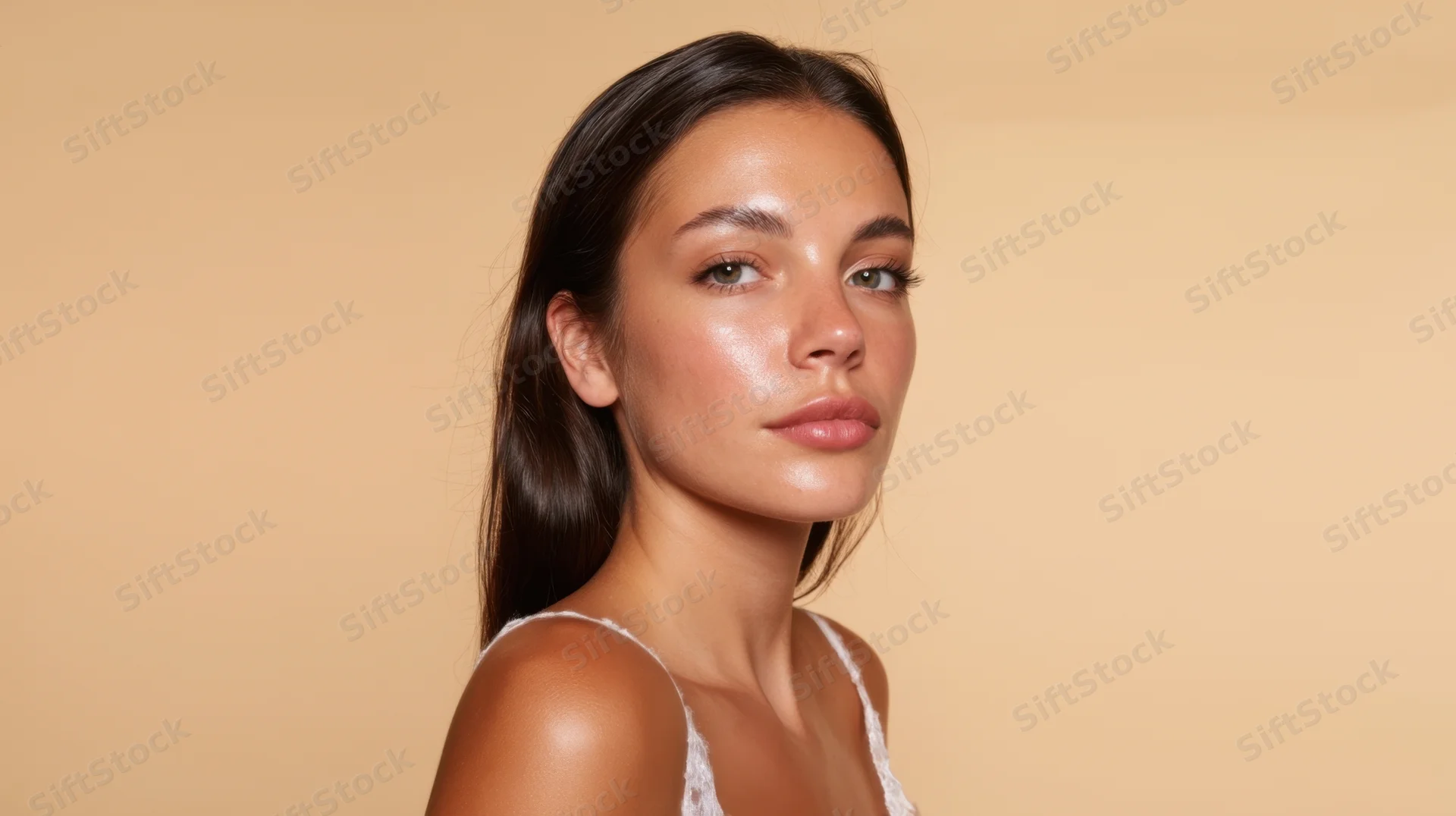 Woman in closeup portrait with glowing skin and dark hair against beige background