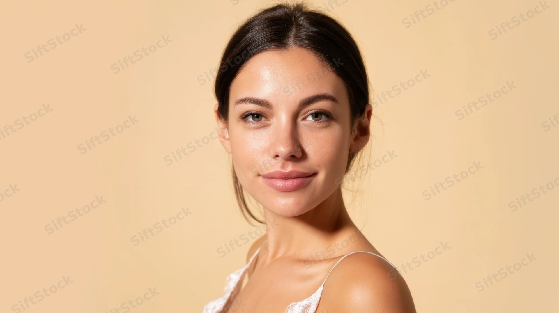 Young woman with smooth radiant skin in studio portrait against beige background
