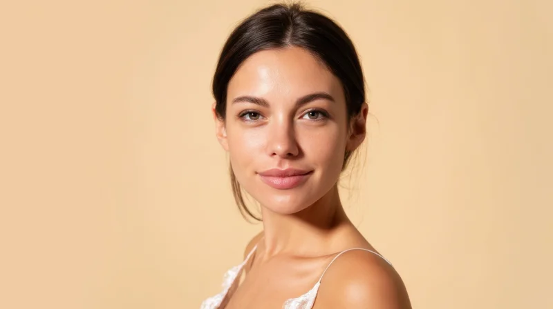 Young woman with smooth radiant skin in studio portrait against beige background