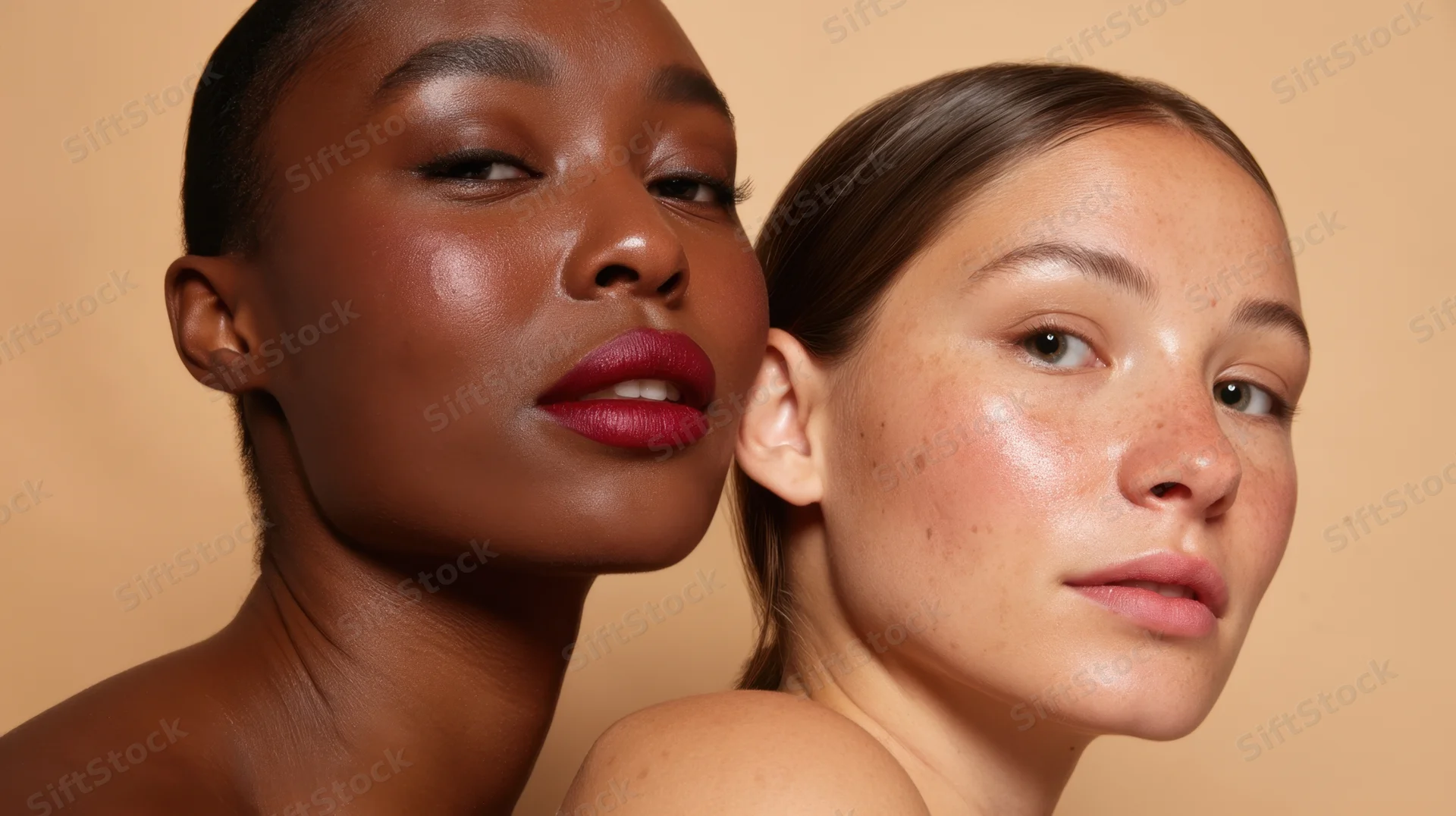 Two women with different skin tones and makeup posing closely together in a studio portrait