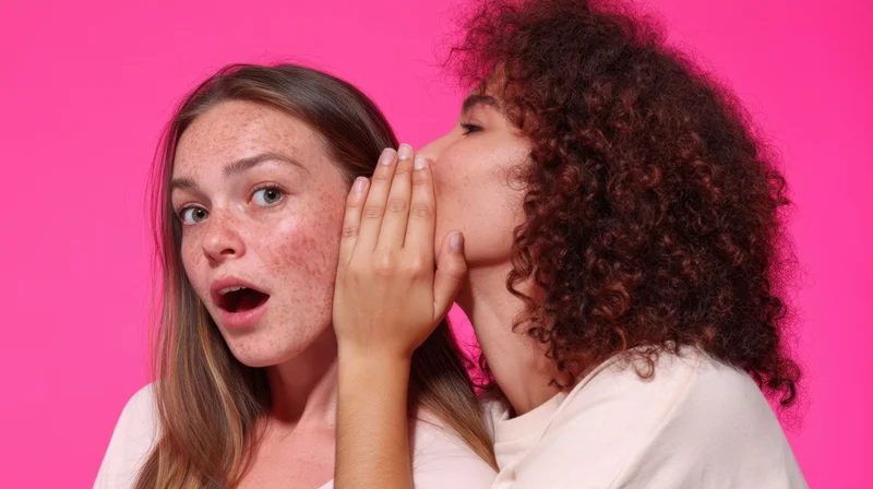 Woman whispering a secret to a surprised friend against a pink background