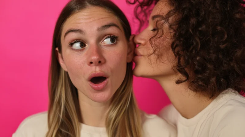 Woman whispering into another woman's ear against a pink background