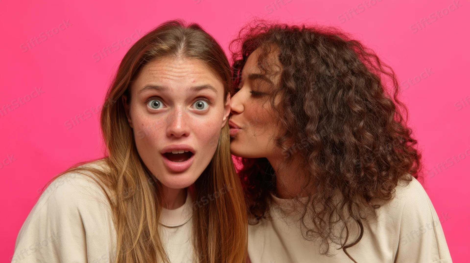 Woman whispering secret to surprised friend against pink background
