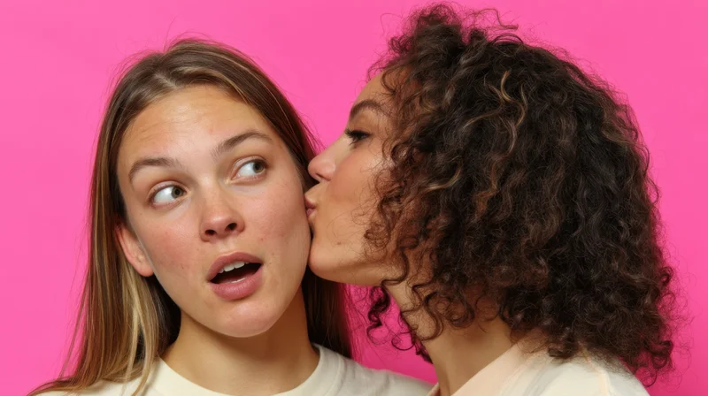 Young woman whispering secret to friend against pink background
