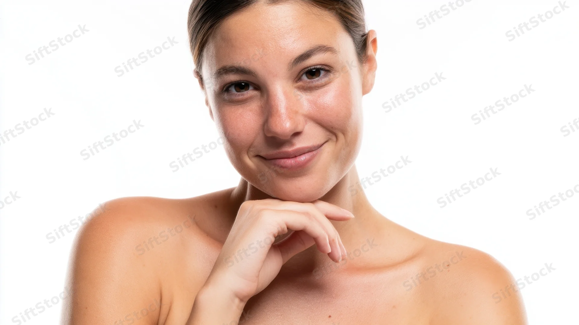 Woman smiling with hand on chin against white background