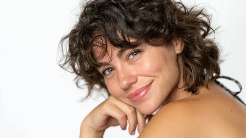 Woman with curly brown hair smiling and resting her chin on her hand in a studio portrait