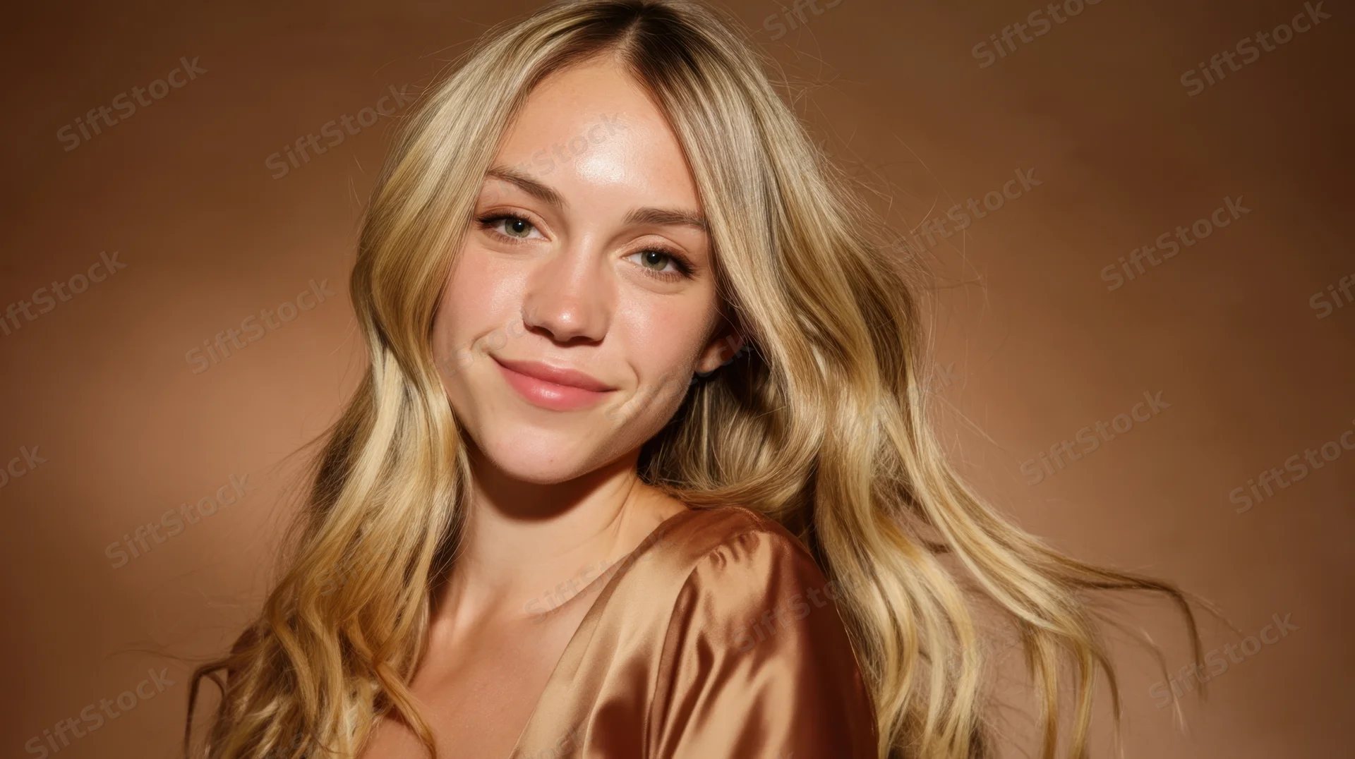 Blonde woman smiling in a satin top against a warm brown studio background