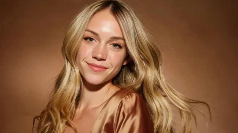 Blonde woman smiling in a satin top against a warm brown studio background