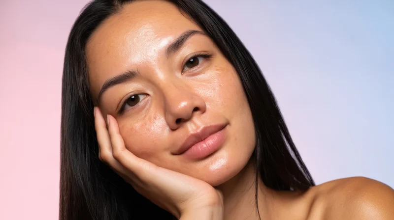 Woman with hand supporting chin, soft lighting, gradient background