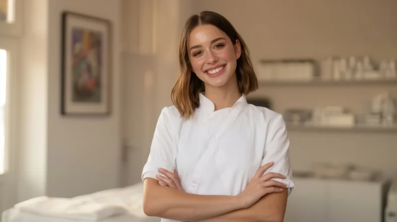 Smiling woman in white chef uniform with arms crossed in modern kitchen