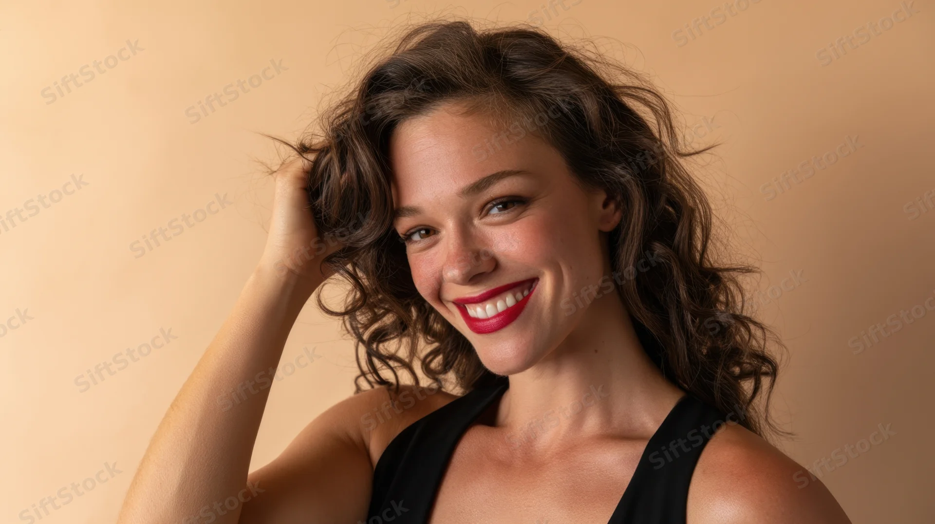 Woman smiling with curly hair and red lipstick in studio portrait