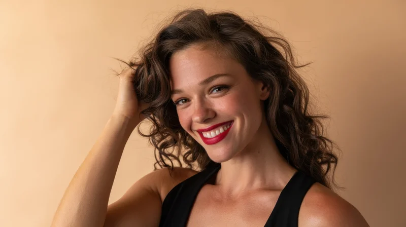 Woman smiling with curly hair and red lipstick in studio portrait