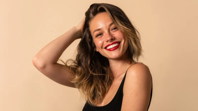 Woman smiling with hand in hair against beige background