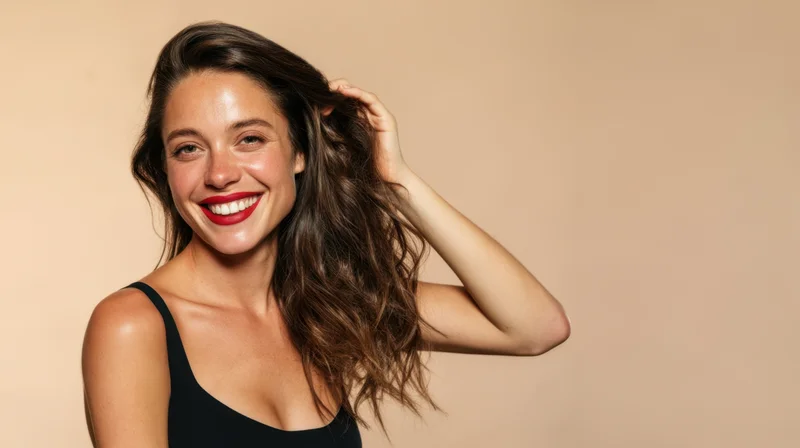 Smiling woman touching her hair in a studio portrait with beige background