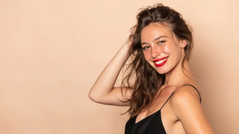 Woman smiling with hand in hair wearing black spaghetti strap dress in studio setting